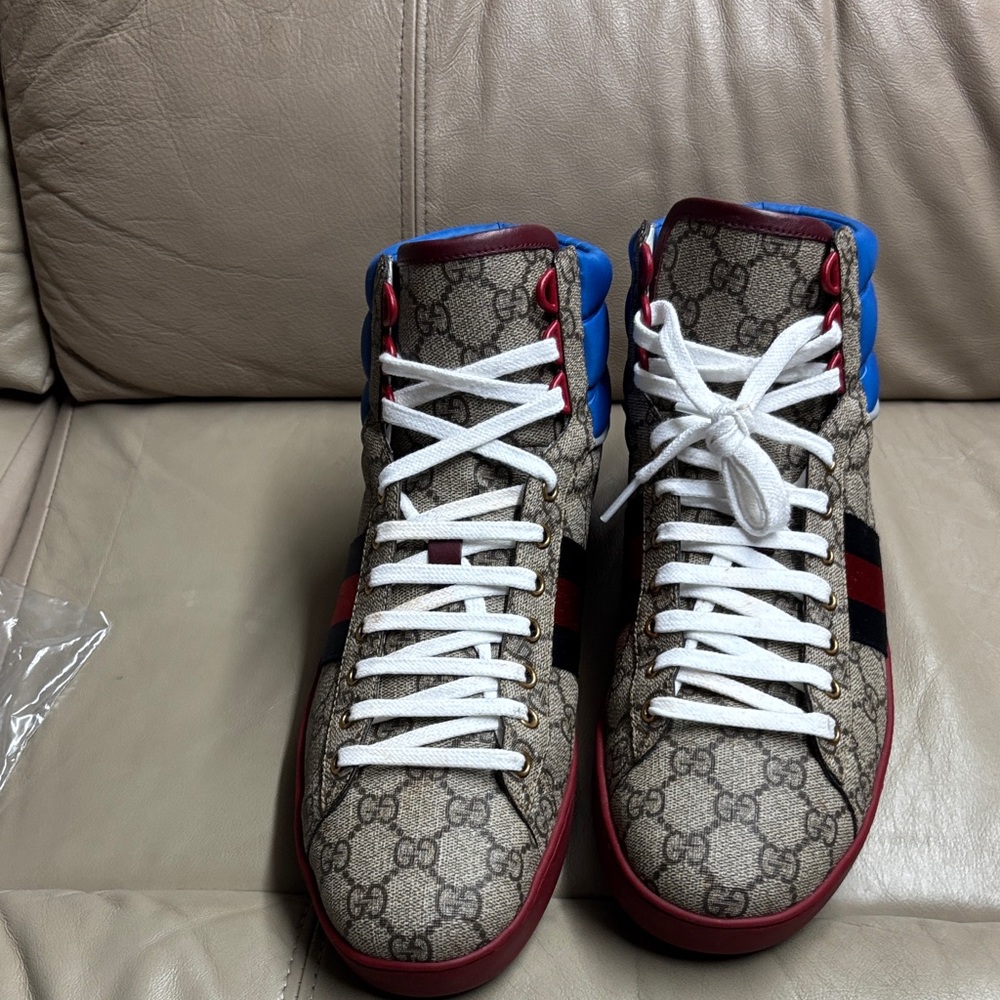 Gucci Ace GG High TopMen's Sneakers - Blue/Beige Size 10.5 - Picture 4 of 8